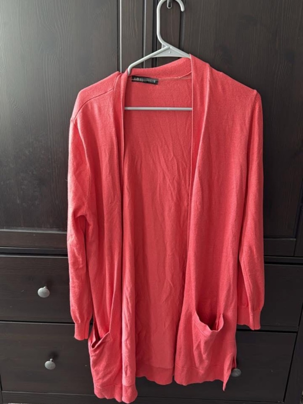 Long Open-Front Coral Cardigan with Pockets